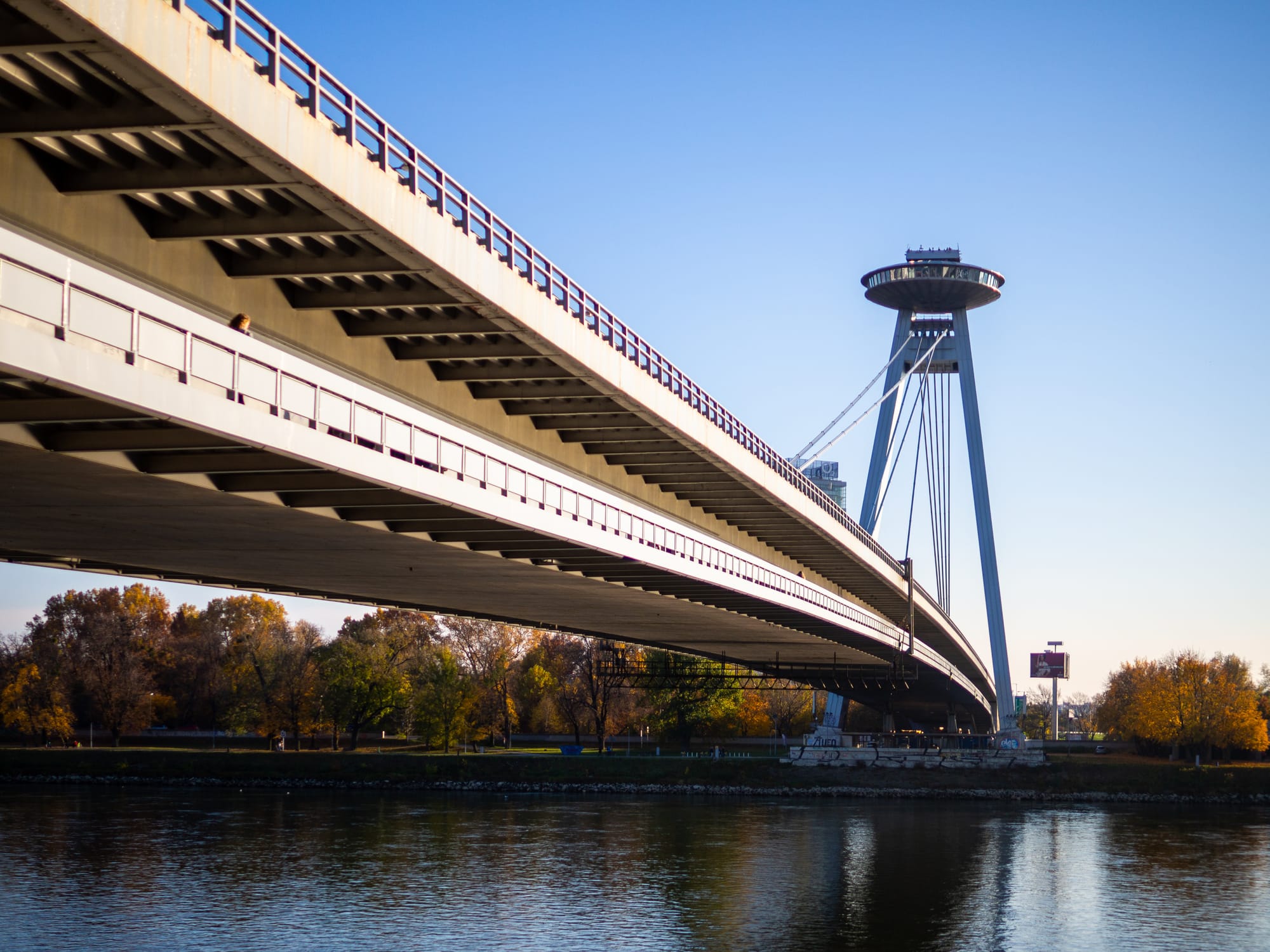 UFO Bridge in Bratislava, a modernist landmark with a futuristic observation deck spanning the Danube River.