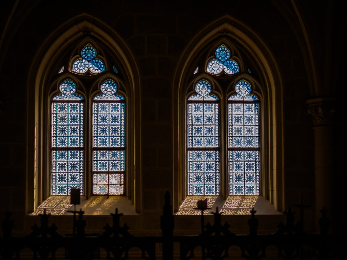 Windows of the Swartzemberk Tomb in Třeboň, built in the Neo-Gothic style.